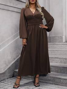 SHEIN Clasi Plusstorlek Dam Enfärgad Enkel Plisserad Klänning Maxi Dam Outfit - Kaffebrun - Visa 4