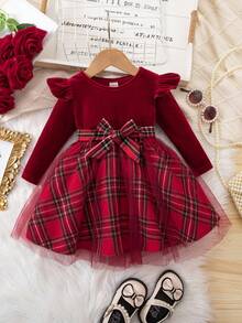 Babygirl 可爱优雅天鹅绒撞色网眼格子长袖连衣裙 - 紅色 - 查看 2