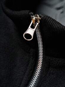 Manfinity Hypemode Men Fleece, Letter Print, Black Outdoor Windbreaker Jacket , Fall/Winter - Black - View 5