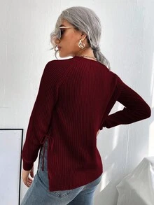 EMERY ROSE Áo len dài tay cổ tròn tối giản màu trơn dành cho nữ - Màu Đỏ Sâu - Xem 2