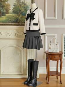 SHEIN MOD Chaqueta de mujer talla grande con contraste de blanco y negro, decoración de lazo, chaqueta de lazo talla grande, cárdigan de lazo para mujer, elegante abrigo de otoño e invierno, color albaricoque otoñal