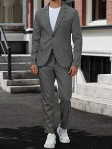 Manfinity Mode 男士纯色长袖夹克，时尚西装套装配长裤，适合夏季 - 深灰色 - 查看 6