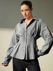 Aveloria Modichic 条纹通勤时尚腰部收腰领长袖衬衫 - 灰色 - 查看 1