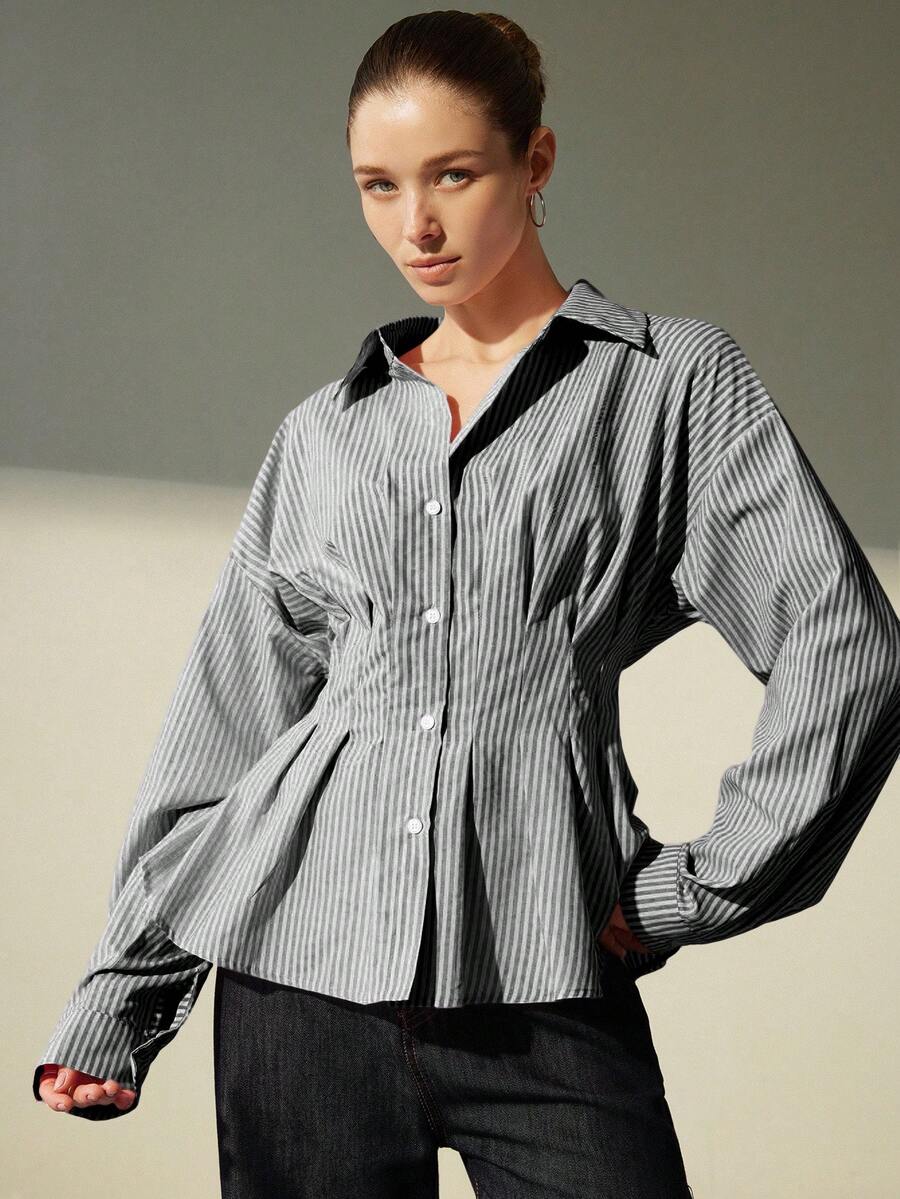 Aveloria Modichic 条纹通勤时尚腰部收腰领长袖衬衫 - 灰色 - 查看 1