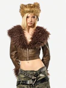 SUMWON WOMEN Women's Cropped Leather Jacket With Fur Trim Collar And Cuffs Punk Rock Festival Fashion Winter Outerwear Distressed Brown Biker Style - Brown - View 6