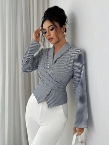 Selianne 休闲商务通勤简约条纹收腰长袖女式衬衫 - 彩色 - 查看 6