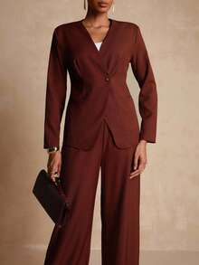 Lyxana Women's Casual Solid Color Single-Button Top & Pants 2 Pieces Set - Brown - View 5