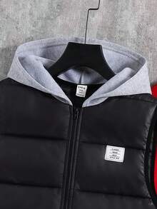 SHEIN 3pcs/Set Tween Boy Casual Street Letter Print Pattern Crew Neck Loose Knit Sweatshirt, Knit Pants, Quilted Padded Vest, Thick Sleeveless Woven Vest, Black 3-Piece Set Suitable For School, Garden, Beach, Birthday, Spring, Summer, Autumn, Winter - Red - View 6