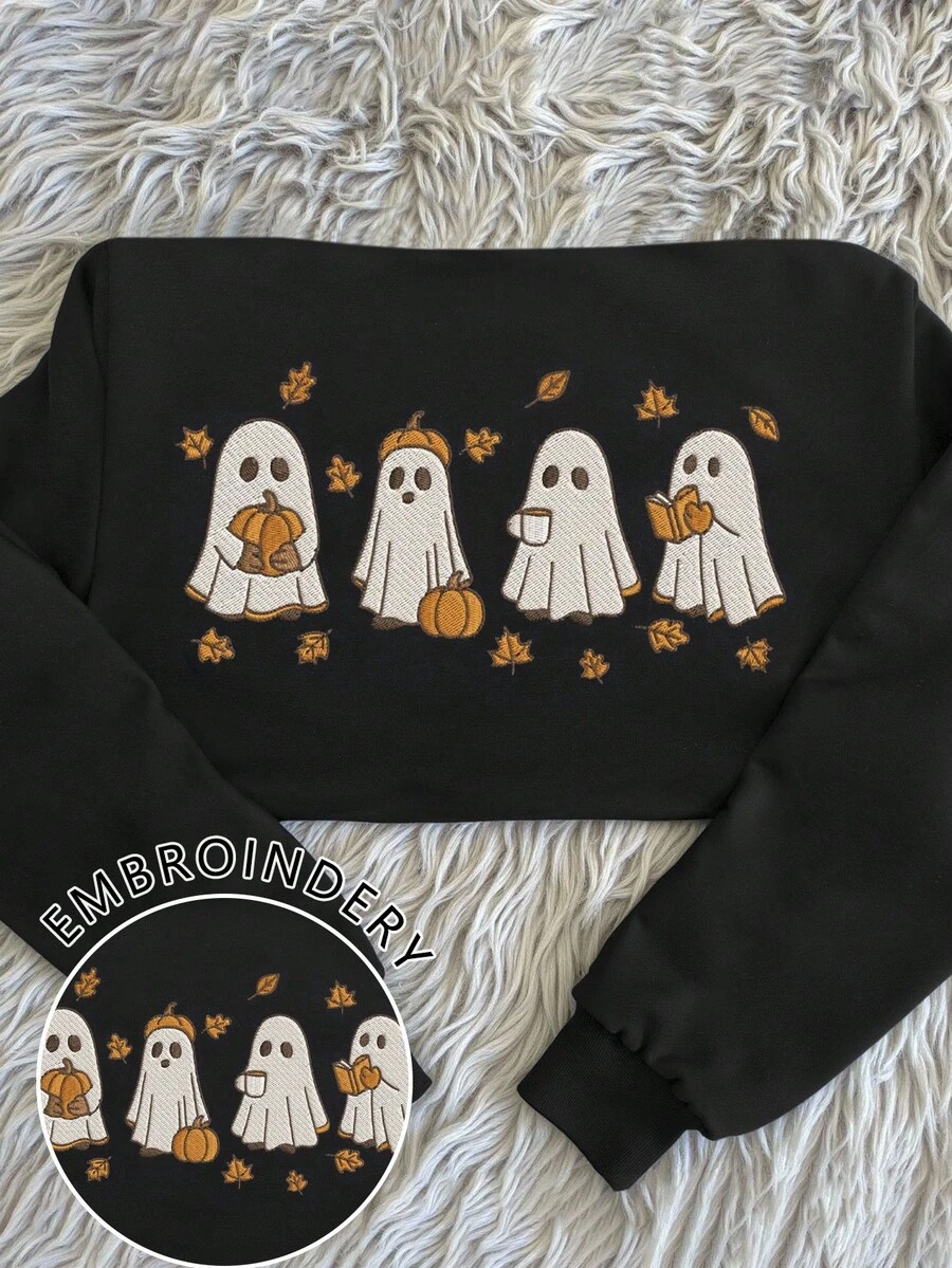 INAWLY Áo nỉ cổ tròn thêu hình ma thường ngày cho lễ Halloween - màu đen - Xem 1