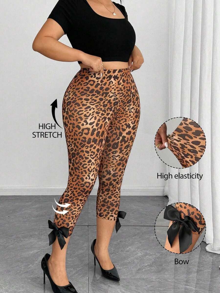 Elenzga Plus Size Elegant Leopard Print Bowknot Decor 3/4 Leggings, Slimming Bowknot Decor Base Layer Pants, Suitable For Back To School, Graduation, Valentine's Day, Music Festival, Mother's Day, Halloween, Thanksgiving, Easter, National Day, Prom, Date Party, Wedding Season, Outdoor Activities - Brown - View 1