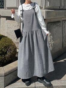 FRIFUL Women's Plaid Dress With Spaghetti Straps, Bowknot Shoulder Straps Maxi Dress - Black and White - View 1