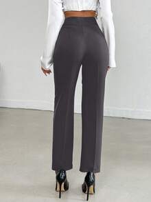 SHEIN Tall Size Women's Solid Color Press Crease Pocket High Waist Elegant Pants - Dark Grey - View 2