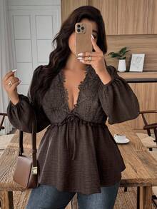 Weeklong Plus Size Women Casual Textured Lace Ruffle Tie Cuff Long Sleeve Blouse - Brown - View 1