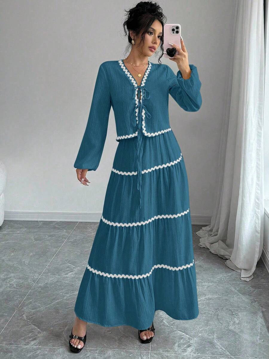 Rafferiza 2件套 法式优雅灯笼袖荷叶边蝴蝶结上衣和裙子 - 水鴨藍 - 查看 1