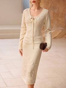 Modelyn 女士时尚优雅系带领长袖修身毛衣裙 - 米色 - 查看 4