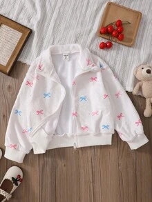 Elladie kids 女童甜美可愛蝴蝶結毛絨拉鍊外套，秋季職業日返校季卡通兒童時尚糖果色外套 - 彩色 - 查看 5