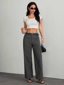 SHEIN PETITE 女士休闲时尚夏季度假条纹印花口袋宽松长裤，适合日常穿着 - 深灰色 - 查看 8