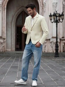 Manfinity Bizformal 男士修身西装外套，商务休闲通勤西装外套，米色配黑色包边口袋设计，时尚百搭 - 杏色 - 查看 6