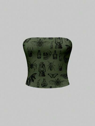 Gothic Dark Mysterious Halloween Full Print Skeleton, Moth, Mushroom, Bowknot , Nature Green Women Top