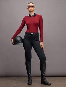 Activina Maglia a maniche lunghe da donna con design minimalista a blocchi di colore, stile equestre