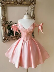 Lovelzi Elegant Luxurious Romantic Shiny Satin Off Shoulder Exaggerated Big Bow Sleeve Pleated Peplum Hem Dress, Suitable For Evening Party, Wedding, Gala - Baby Pink - View 1