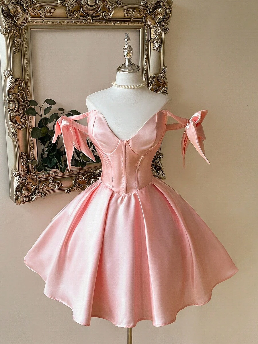 Lovelzi Elegant Luxurious Romantic Shiny Satin Off Shoulder Exaggerated Big Bow Sleeve Pleated Peplum Hem Dress, Suitable For Evening Party, Wedding, Gala - Baby Pink - View 1