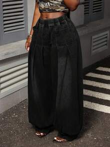 Slaydiva Women's Casual Washed Pleated Wide Leg Jeans - Black - View 4