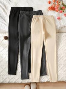 SHEIN 3件套少女休闲基础款可爱卡通贴布刺绣毛绒贴布打底裤，保暖内衬，罗纹针织，黑色、深灰色、卡其色可选 - 彩色 - 查看 2