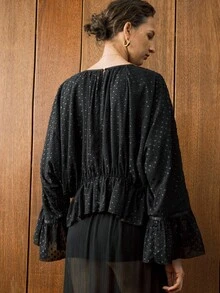 Arave 女式宽松提花网眼罩层休闲衬衫，春夏秋 - 黑色 - 查看 7