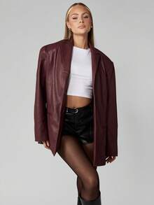 MISSGUIDED Oversized Faux Leather Blazer Jacket Fall Winter Long Sleeve Button Front Lapel Collar Professional Office Business Wear Party Evening Outerwear - Burgundy - View 4