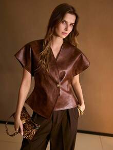 MOTF PREMIUM CHAQUETA DE CUERO PU CON BOTÓN DE METAL ROSA DE ESTILO RETRO Y HOMBROS ANCHOS PARA MUJER - Marrón - Ver 1