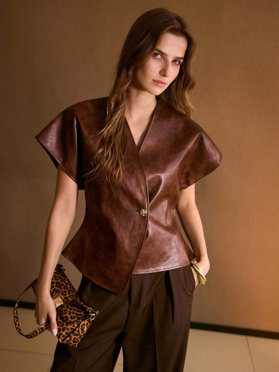 MOTF PREMIUM CHAQUETA DE CUERO PU CON BOTÓN DE METAL ROSA DE ESTILO RETRO Y HOMBROS ANCHOS PARA MUJER - Marrón - Ver 1