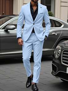 Manfinity Mode Blazer e calças masculinos de cor sólida, gola alta, manga comprida, conjunto casual, terno masculino, terno masculino, terno formal masculino, ternos para homens - Baby Azul - Ver 4