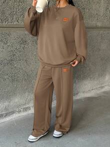 SHEIN 少女两件套：宽松圆领针织衫和阔腿裤，休闲家居服和日常穿着 - 棕色 - 查看 6
