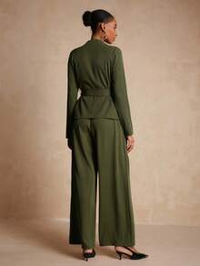 Vesra Women's Solid Color Waist Belt Long Sleeve Top And Pants Casual 2 Pieces Set - Army Green - View 2