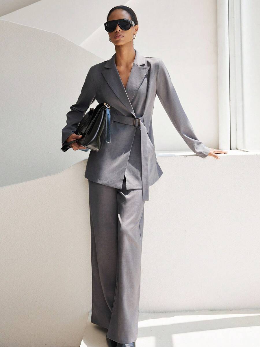 Lumivelle 女士简约通勤套装，配装饰扣腰带，宽松版型，及踝长度，秋冬 - 深灰色 - 查看 1