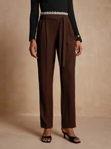 Vesra Waist Patchwork Lace Tie-Up Waist Suit Pants - Brown - View 3