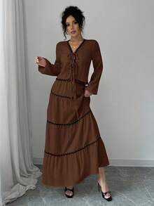 Rafferiza 2件套法式优雅灯笼袖荷叶边蝴蝶结上衣和裙子套装 - 巧克力棕 - 查看 4