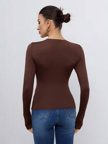 SHEIN Tall 女款 3 件組修身圓領長袖 T-shirt 套頭上衣，白色與棕色，秋季基礎款，冬季日常純色休閒修身上衣，適合高個女性 - 彩色 - 查看 9