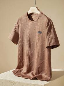 Manfinity BRENVOR Men's Casual Knitted Wheat Ear Diamond-Patterned Badge Decor Fitted Rounded-Hem Short Sleeve T-Shirt, Suitable For Everyday Wear, Summer - Brown - View 1