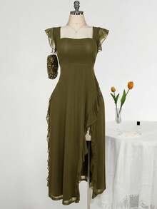 SHEIN ICON Váy ôm cổ vuông viền bèo nhún cỡ lớn, phù hợp cho đám cưới, tiệc tùng, khách dự tiệc, trang phục mùa xuân lãng mạn - xanh quân đội - Xem 1