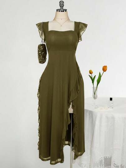 SHEIN ICON Plus Size Square Neck Ruffle Trim Fitted Dress, Suitable For Wedding, Party, Wedding Guest, Romantic Spring Outfit