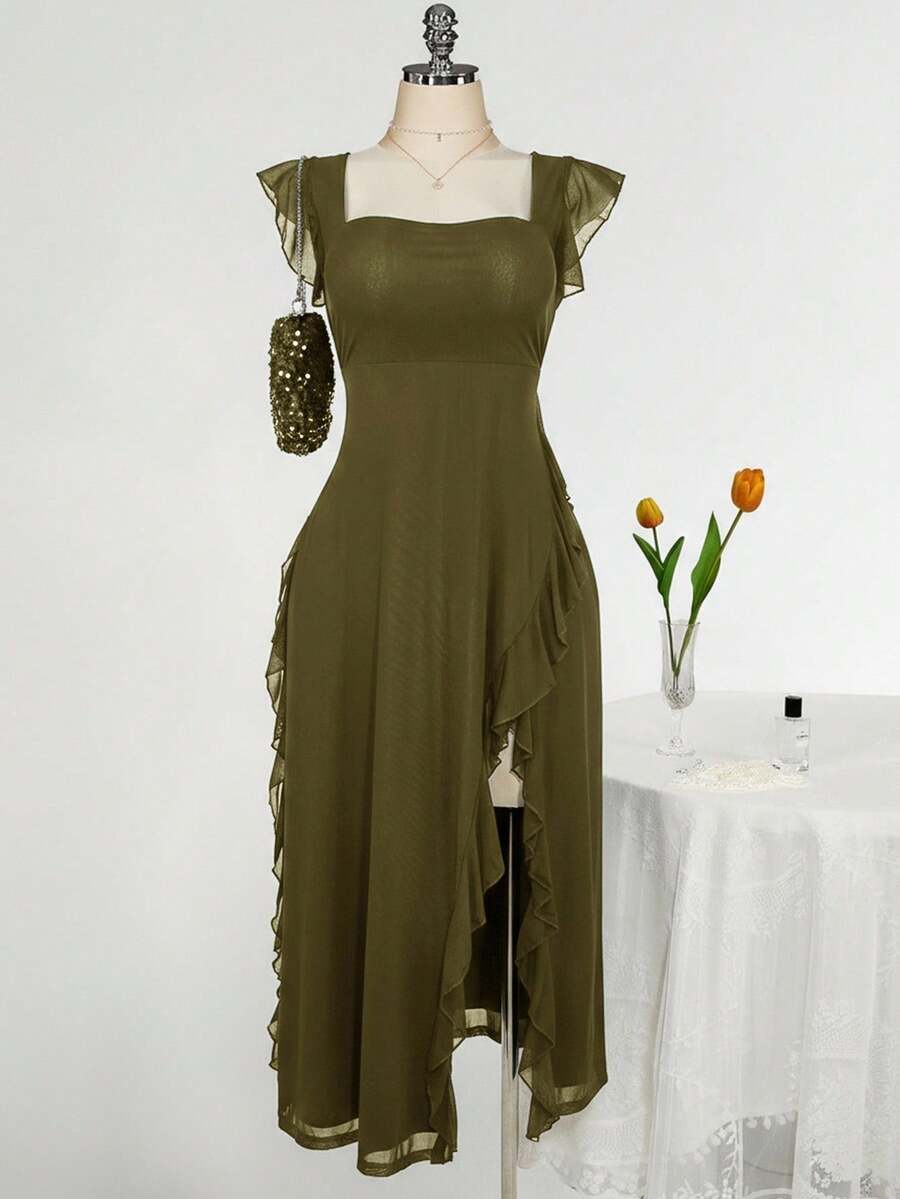 SHEIN ICON Váy ôm cổ vuông viền bèo nhún cỡ lớn, phù hợp cho đám cưới, tiệc tùng, khách dự tiệc, trang phục mùa xuân lãng mạn - xanh quân đội - Xem 1