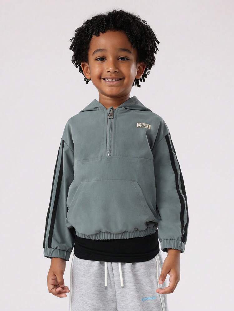 Half Zip Hooded Windbreaker With Contrast Stripes