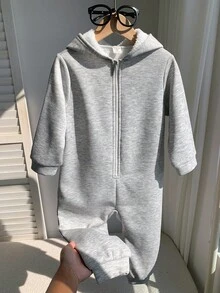 小男孩灰色拉绒厚柔软针织连帽连体裤，带拉链，适合休闲和户外穿着，秋冬 - 淺灰色 - 查看 8