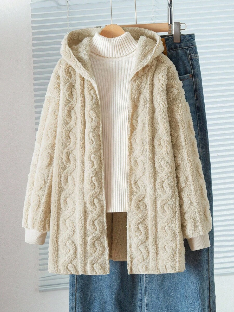 青少年女孩休闲百搭百搭家居服和学校日常粗针织条纹毛绒领前开中长款秋冬夹克 - 卡其色 - 查看 1