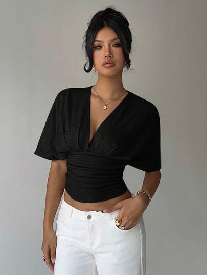 Aloruh 杏色深V褶饰短袖紧身下摆女式T恤