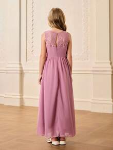 Girls' Lace Patchwork Chiffon Square Neck Wide Strap Sleeveless Dress,Dusty Pink,Summer,Elegant,Wedding Flower Girl Prom Birthday Party Graduation - Red Violet - View 2