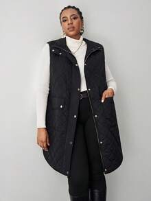 SHEIN Tall CURVE Große Größen Geometrisch gesteppter Stehkragen Reißverschluss-Vier-Knopf Patchentasche Wattierte Jacke für Herbst und Winter für Frauen - marineblau - Übersicht 3
