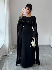 SHEIN Elenzya Women's 2025 Autumn/Winter New Elegant Long Dress With Delicate Pearl Decoration - Black - View 3